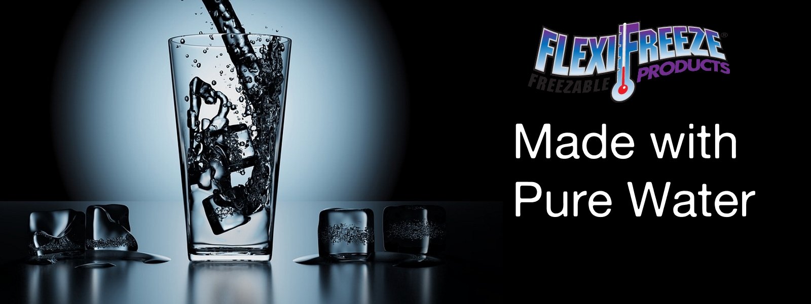 FlexiFreeze graphic with ice cubes and a glass full of water