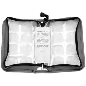 FlexiFreeze refreezable breastmilk pocketbook cooler, gray, open to display interior