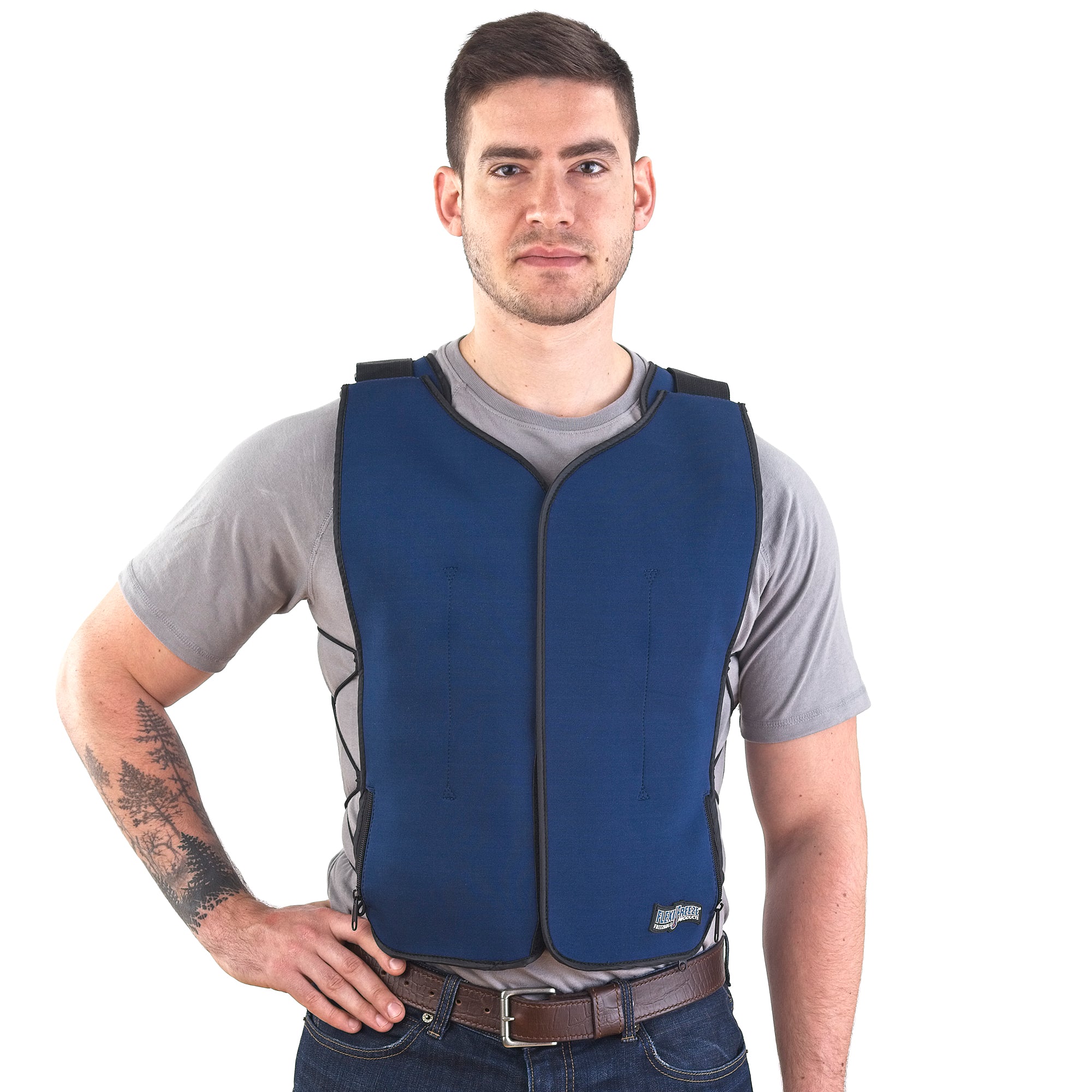 Man wearing FlexiFreeze personal Series Ice Vest -  blue, front view