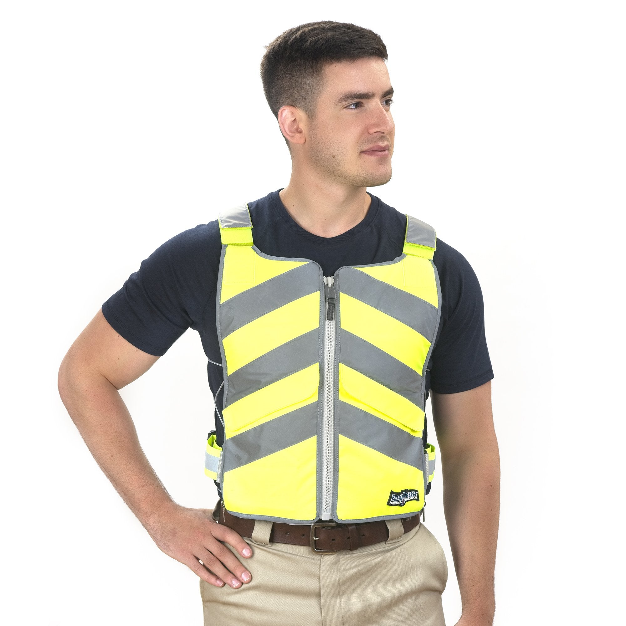 Man wearing FlexiFreeze Professional Series Ice Vest - Hi-Vis, yellow, front view