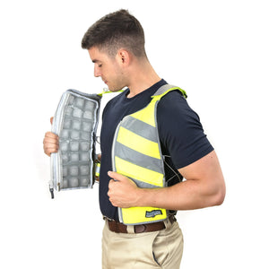 Man wearing FlexiFreeze Professional Series Ice Vest - Hi-Vis, yellow, vest open with panels visible, front view