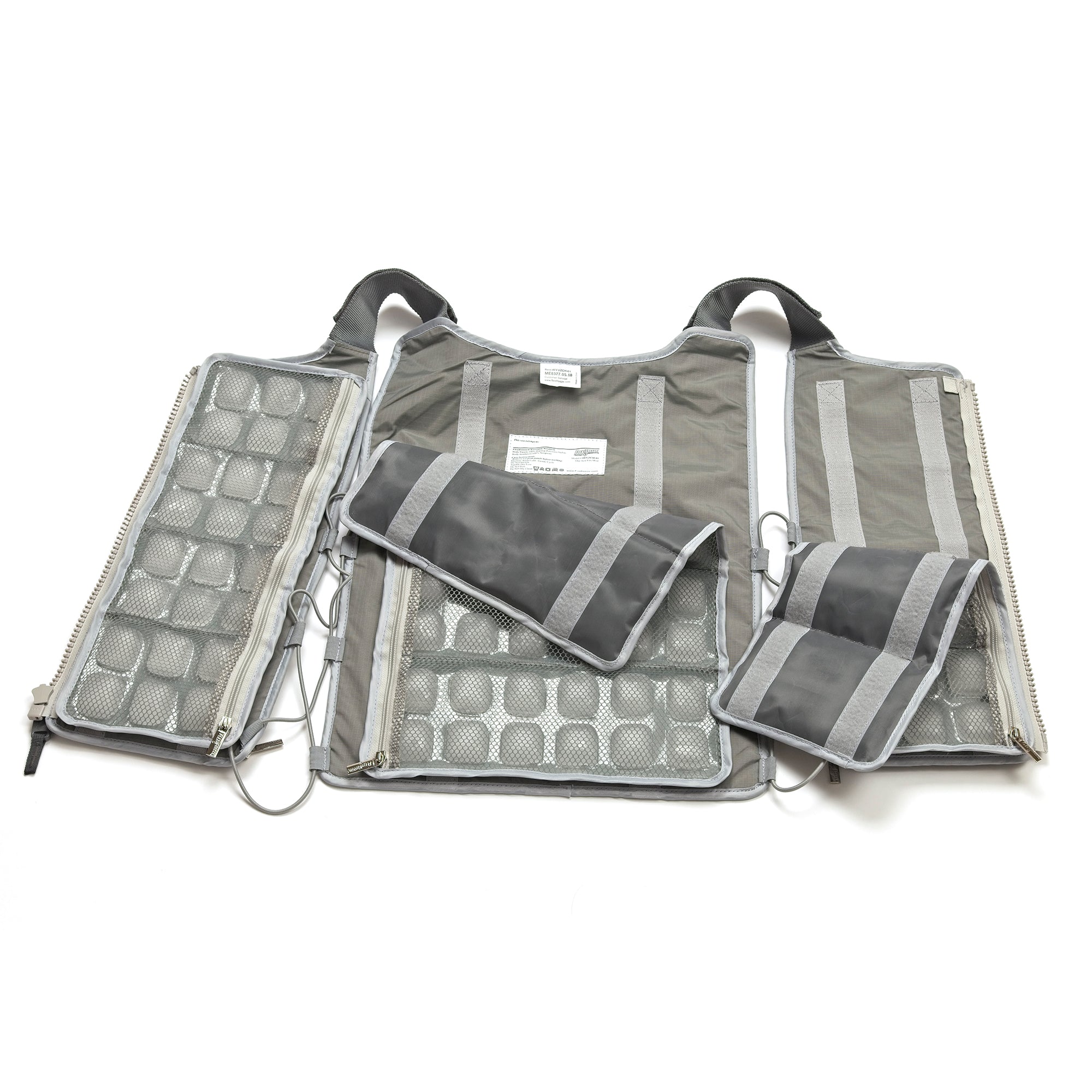 Open FlexiFreeze professional cooling vest, charcoal, with refreezable ice panels displayed