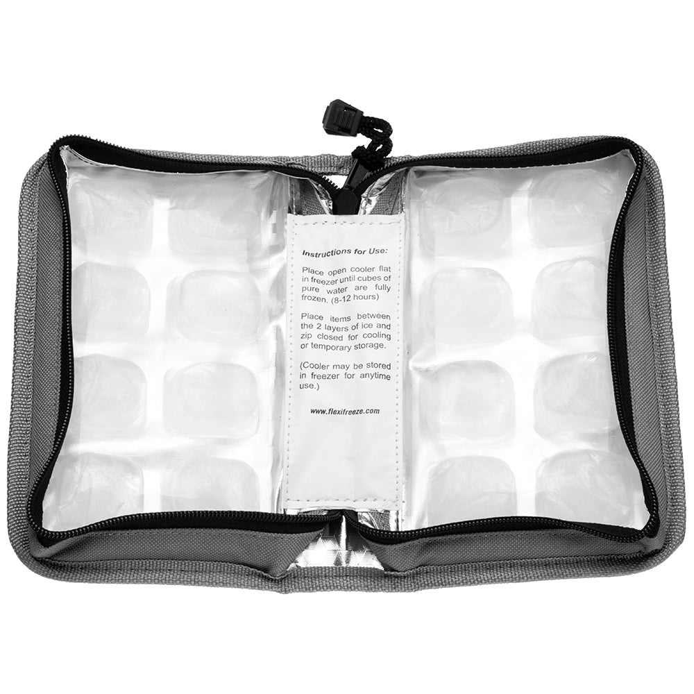 FlexiFreeze refreezable breastmilk pocketbook cooler, gray, open to display interior