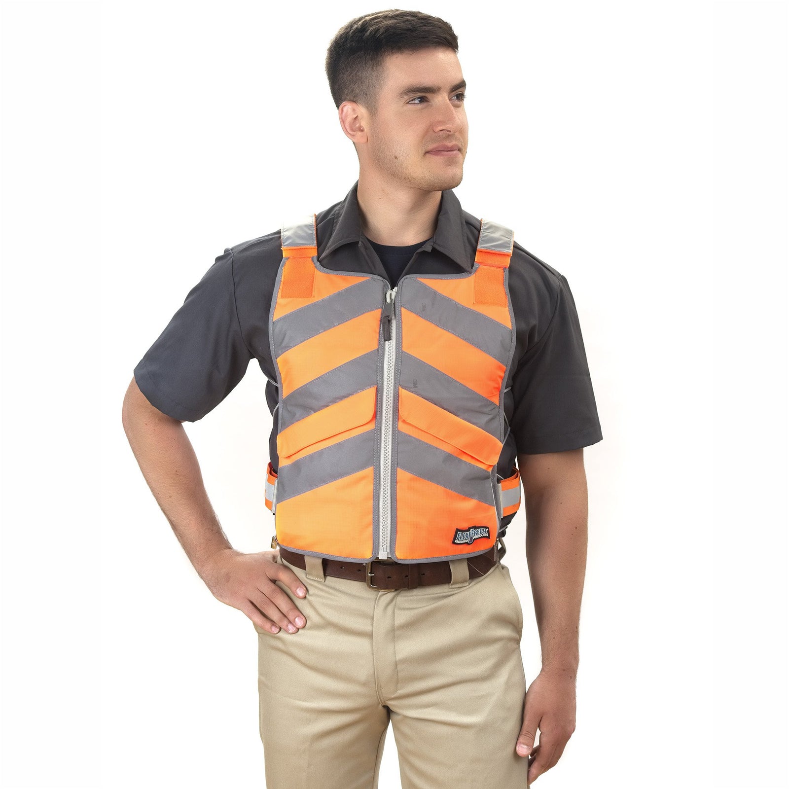 Man wearing FlexiFreeze Professional Series Ice Vest - Hi-Vis, orange, vest open with panels visible, front view