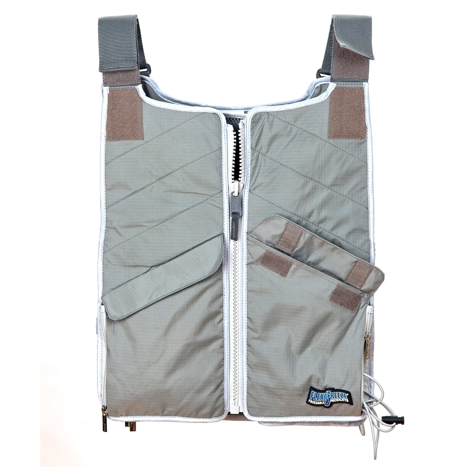 Man wearing FlexiFreeze Professional series ice vest, charcoal, zipper, front view