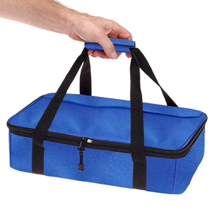 Hand carrying FlexiFreeze Dessert cooler by carrying straps, blue