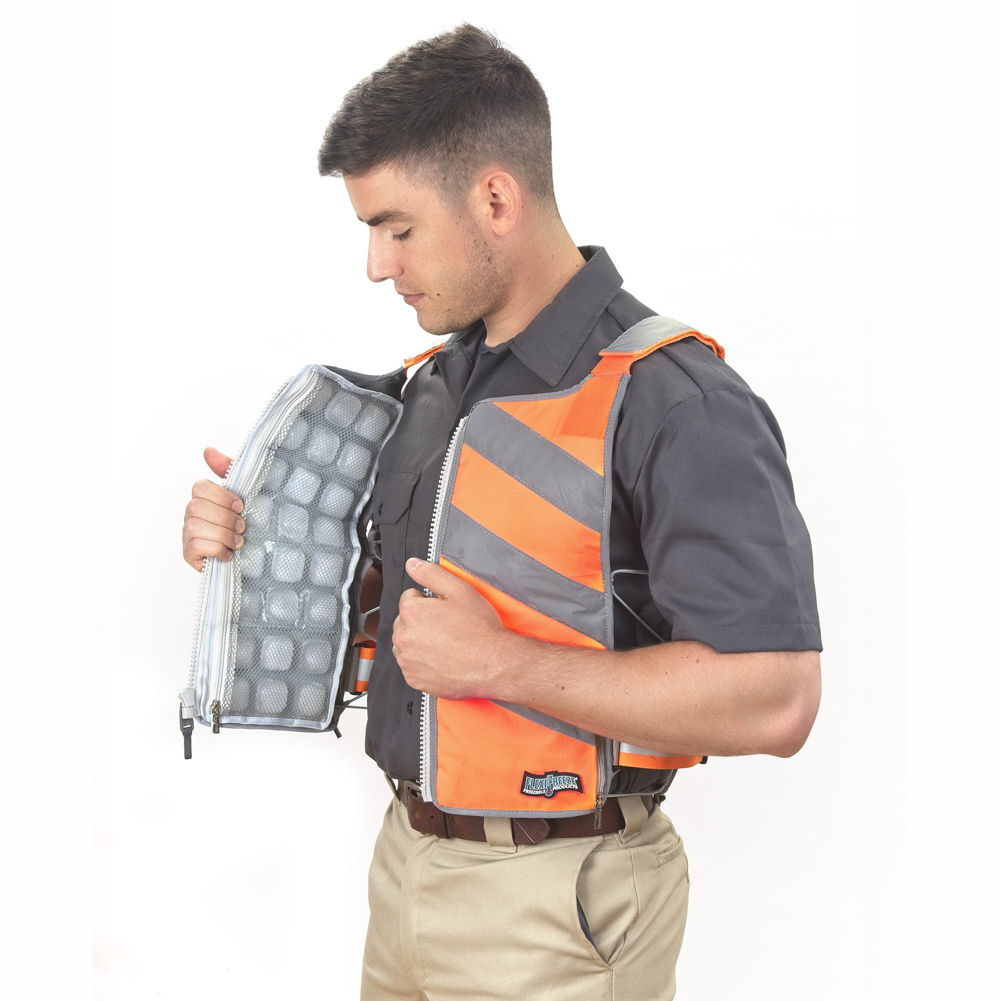 Man wearing FlexiFreeze Professional Series Ice Vest - Hi-Vis, orange, vest open with panels visible, front view