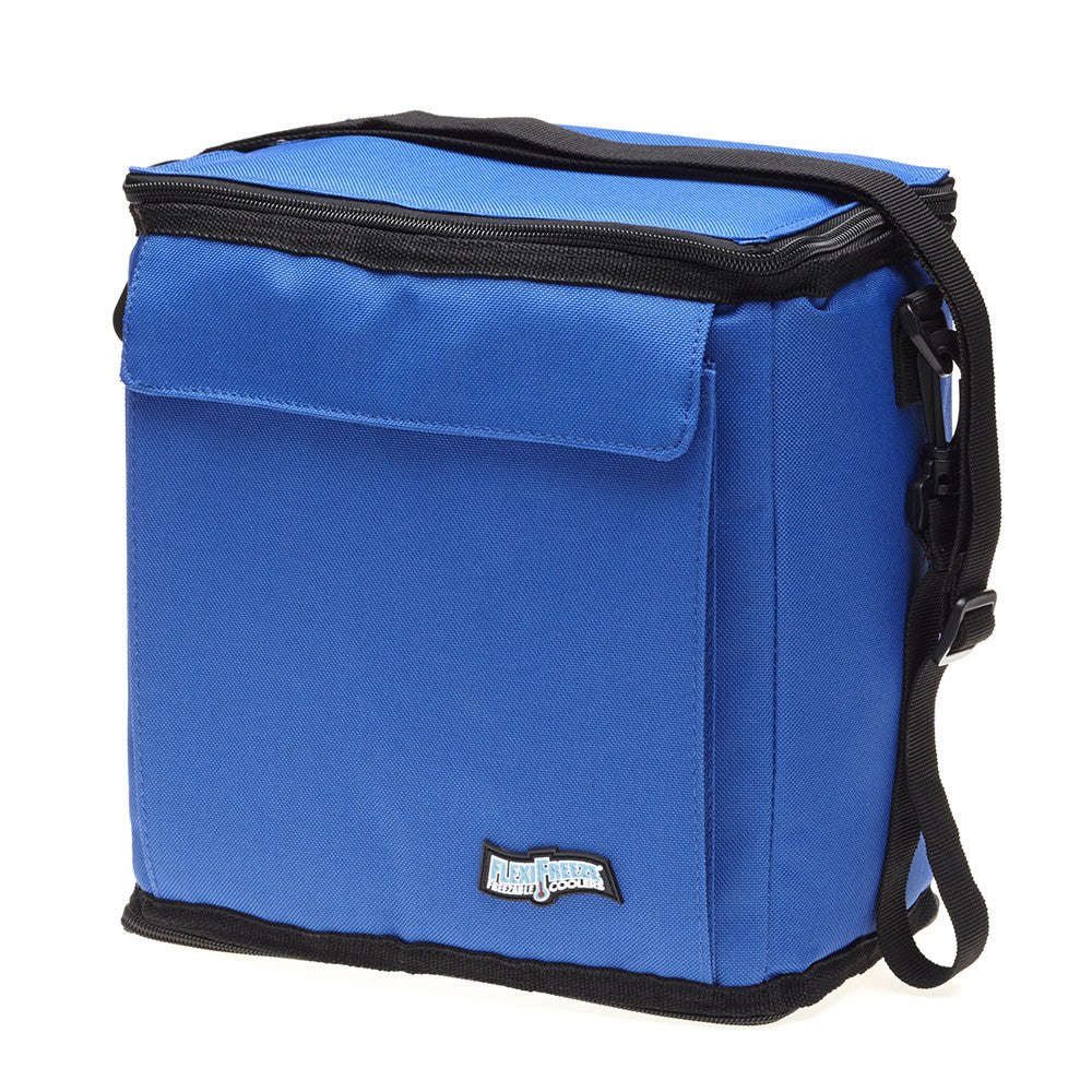 FlexiFreeze 12 can cooler, blue, closed top, side view
