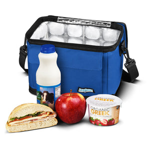FlexiFreeze 9 can cooler, blue, open top, with food products adjacent