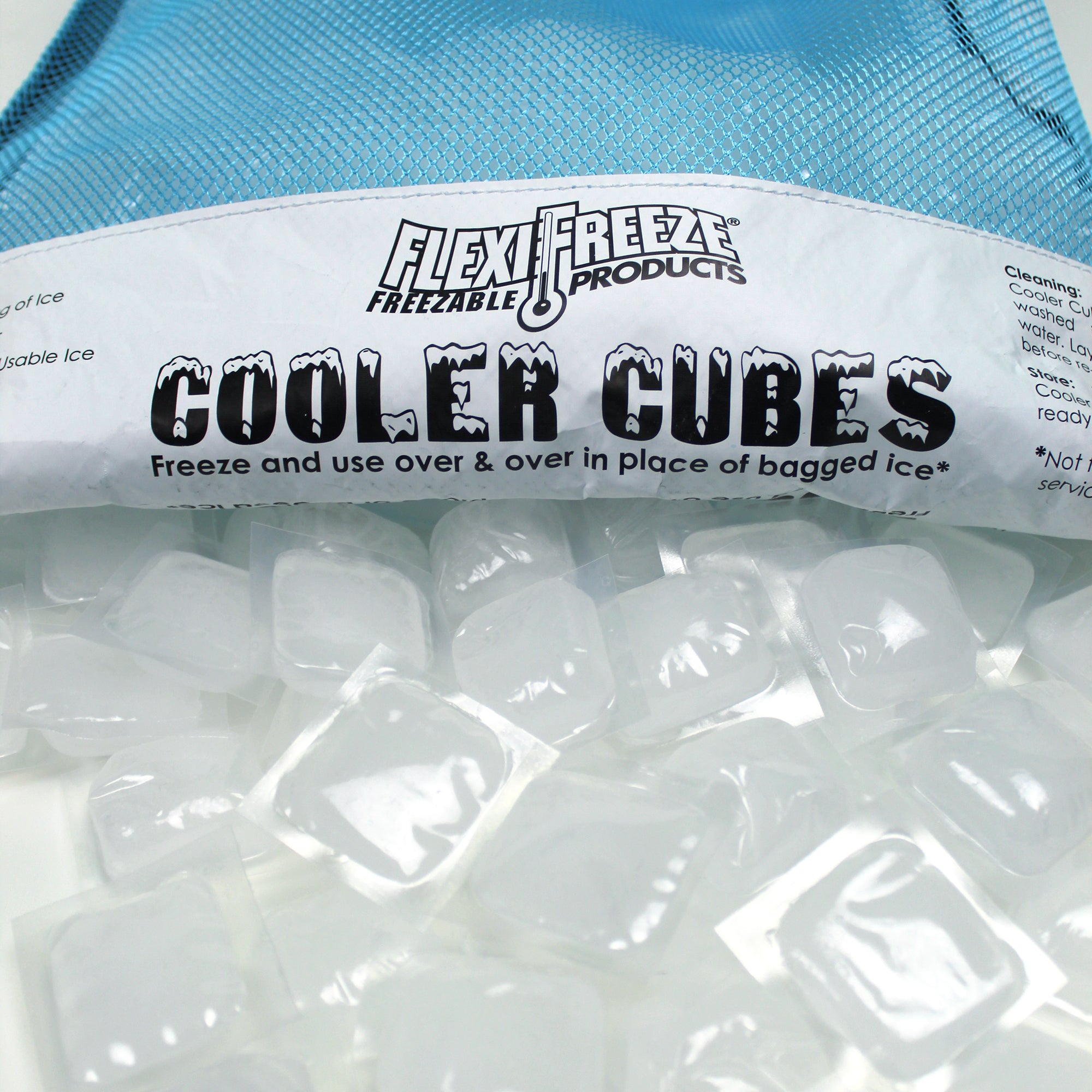 FlexiFreeze cooler cubes bag of individual refreezable ice cubes spilling out