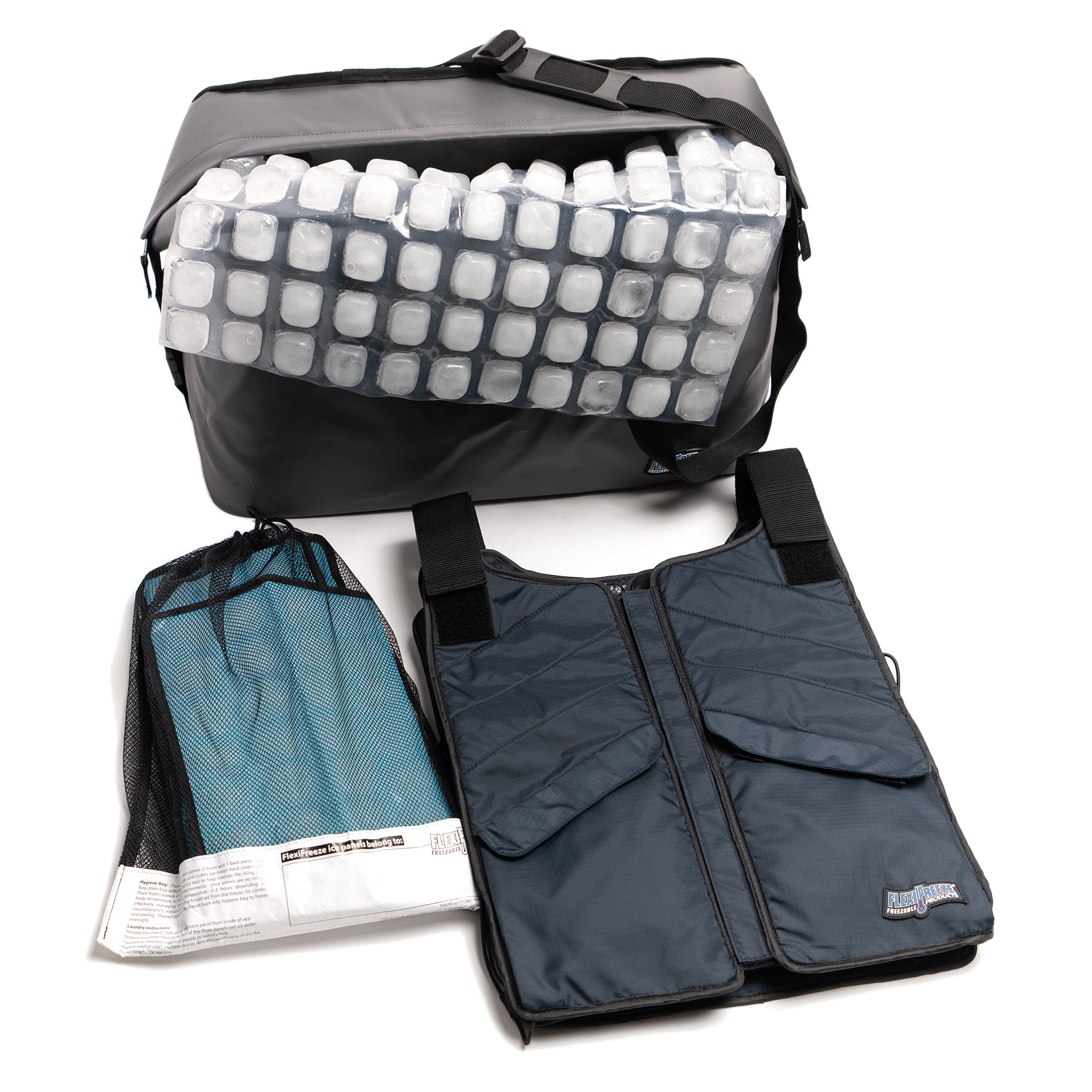 Professional Series Cooling Kit - Blue Velcro, includes replacement panels, blue ice vest, gray insulated bag, and FlexiFreeze ice sheet
