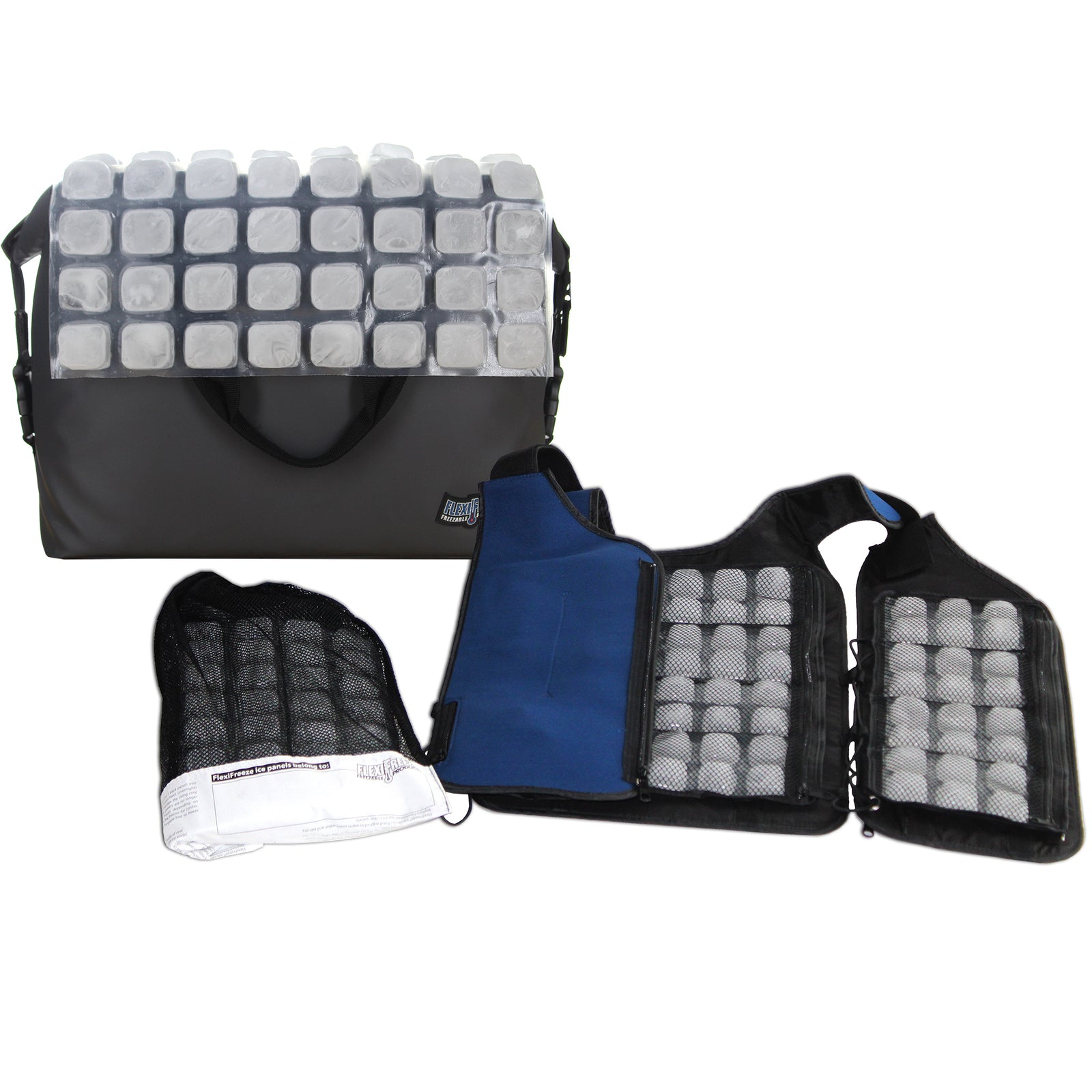 Personal Series Cooling Kit - blue, includes replacement panels, blue ice vest, with gray insulated bag, and FlexiFreeze ice sheet