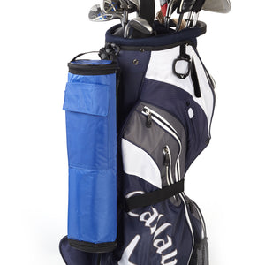 FlexiFreeze refreezable golf bag, blue, attached to standard golf club bag