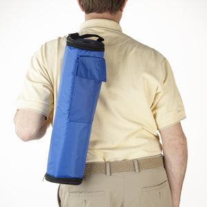 Man with FlexiFreeze refreezable golf bag, blue, slung over back of shoulder