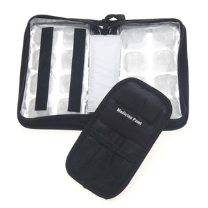 FlexiFreeze refreezable medicine cooler, black, open with refreezable ice cubes and mesh medicine panel holder displayed