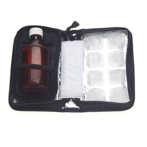 FlexiFreeze refreezable medicine cooler, black, open with bottle of medicine inside