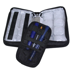 FlexiFreeze refreezable medicine cooler, black, open with refreezable ice cubes and with medicine in mesh medicine panel holder