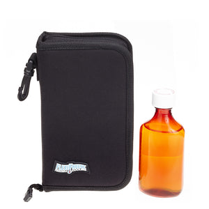 FlexiFreeze refreezable medicine cooler, black, with bottle of medicine adjacent