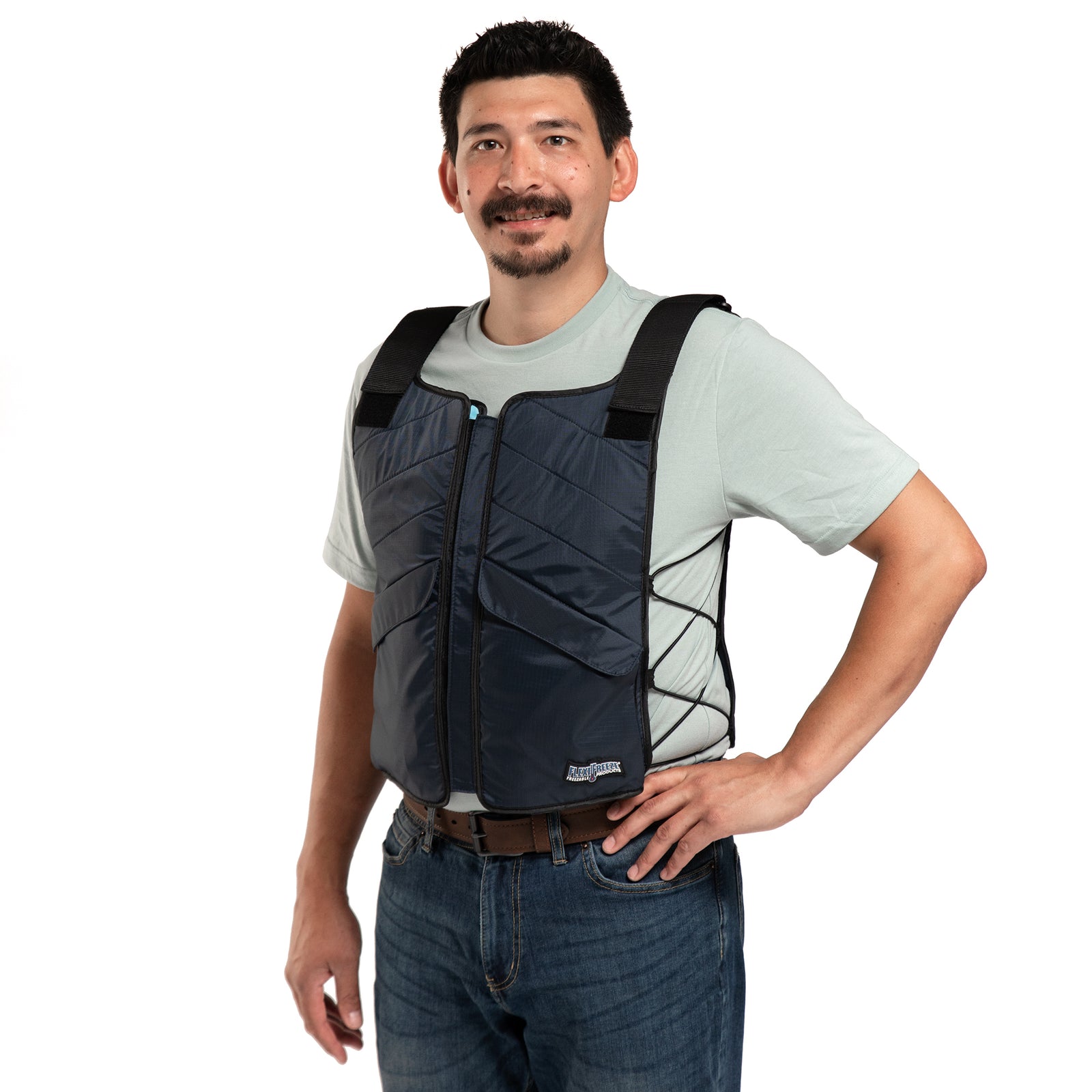 Man wearing FlexiFreeze Professional series ice vest - blue velcro, front view