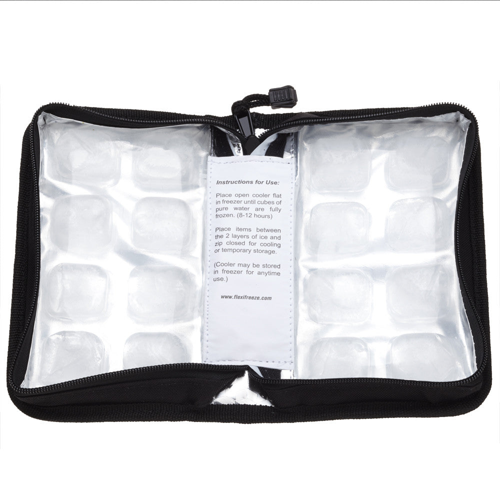 Hand placing Flexifreeze refreezable breastmilk pocketbook cooler, black, into handbag