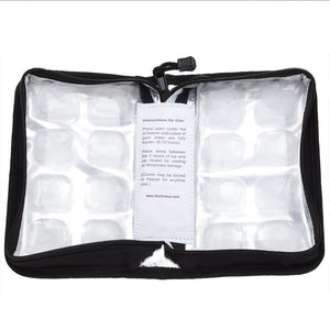 FlexiFreeze refreezable breastmilk pocketbook cooler, black, open to display interior