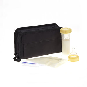 FlexiFreeze refreezable breastmilk pocketbook cooler, black, next to formula and a container of milk