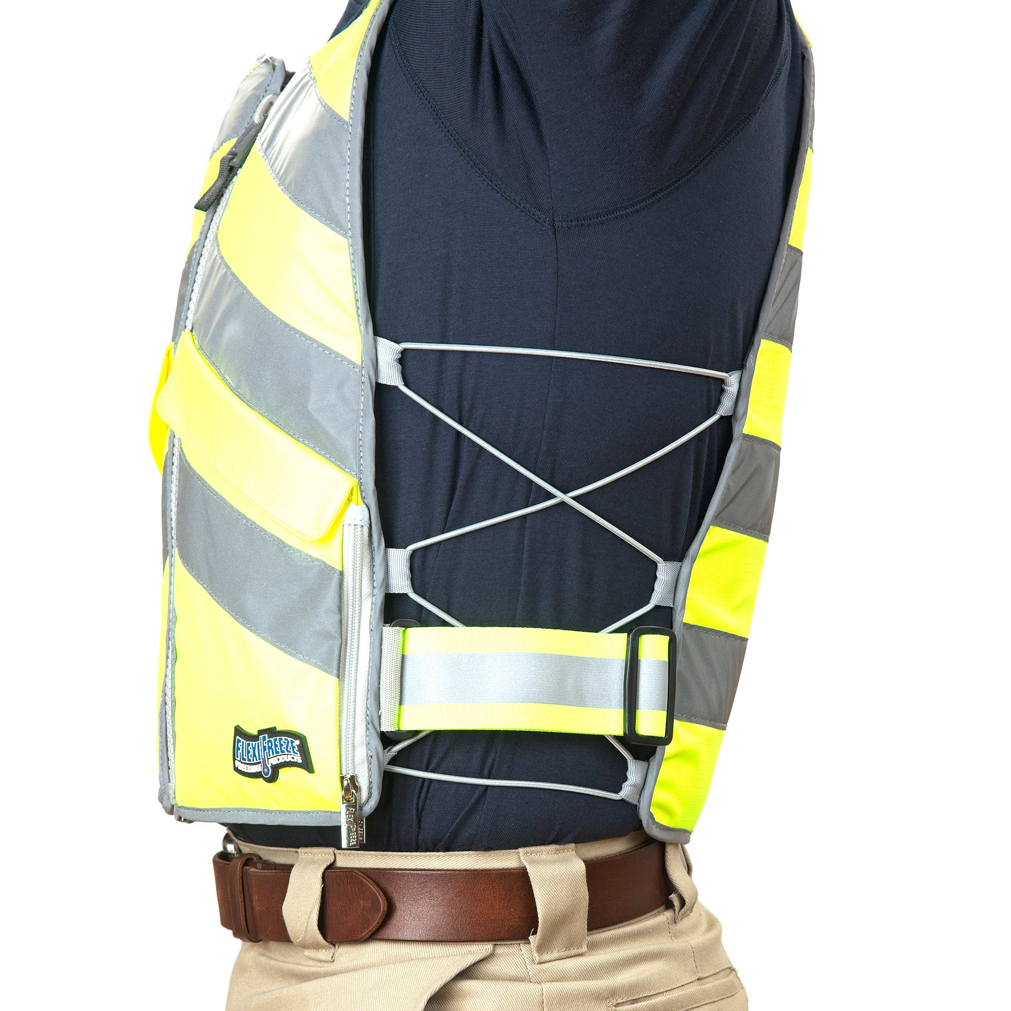 Man wearing FlexiFreeze professional Hi-Vis zipper ice vest, Hi-Vis yellow, side view