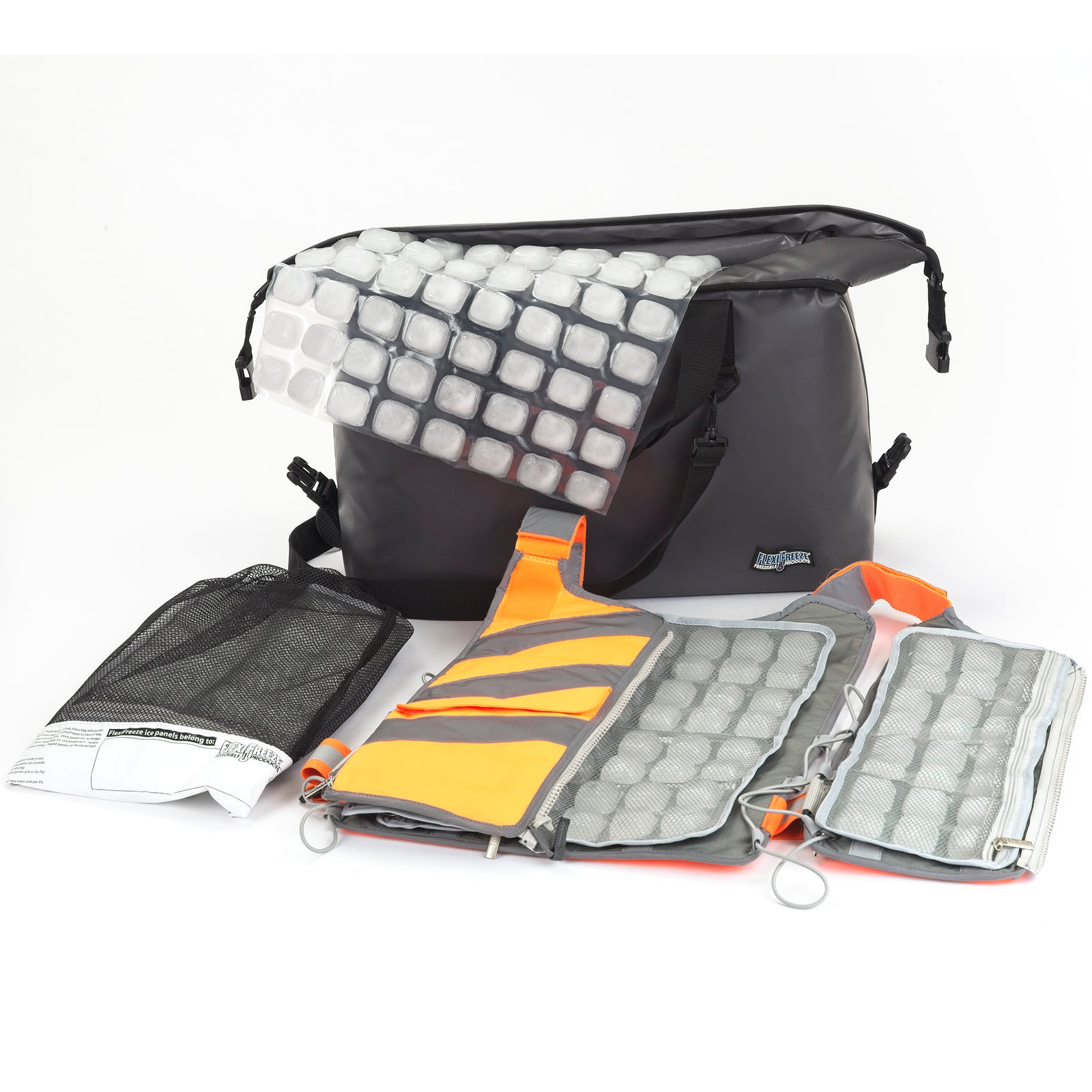 Professional Series Cooling Kit - Hi-Vis orange, includes replacement panels, Hi-Vis ice vest, orange, with gray insulated bag, and FlexiFreeze ice sheet