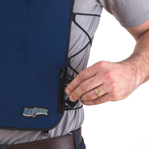 Man wearing FlexiFreeze personal velcro ice vest, blue, adjusting sizing strings
