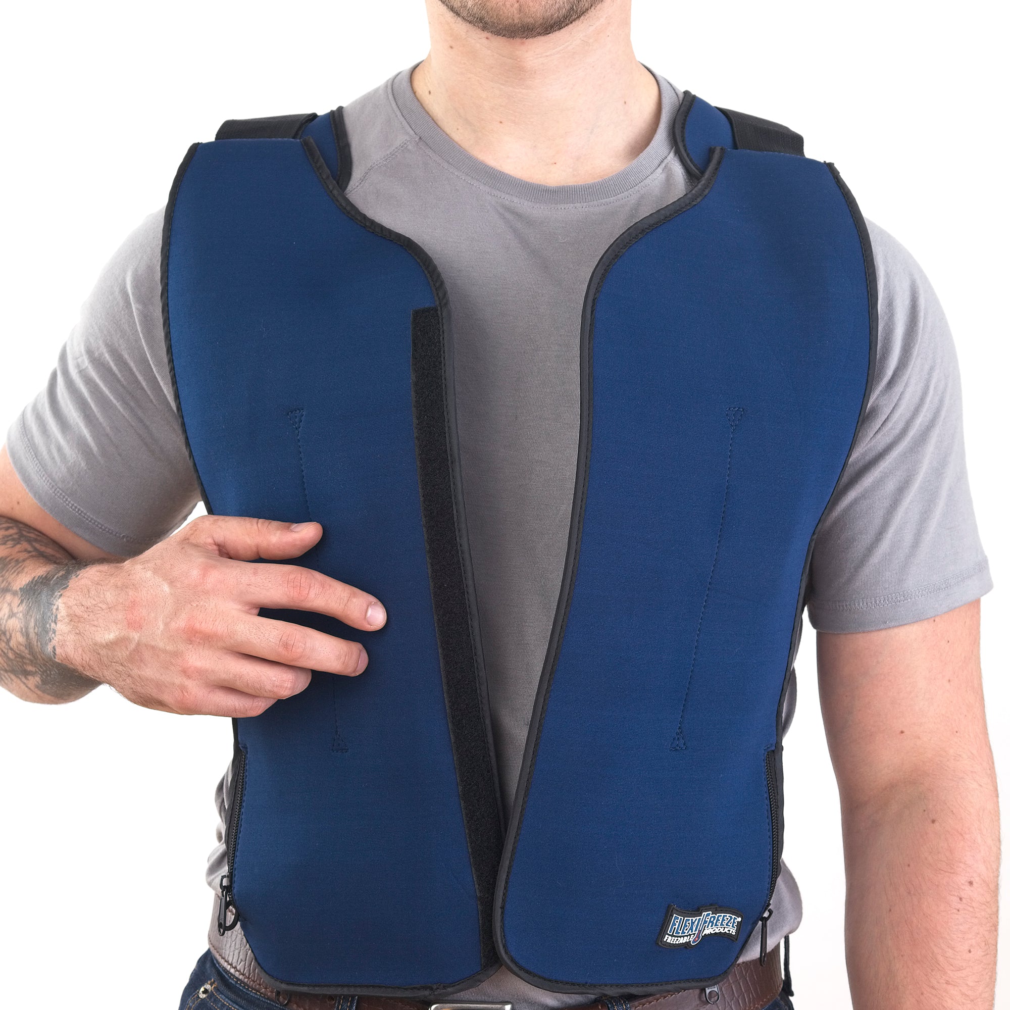 Man wearing FlexiFreeze personal velcro ice vest, blue, open, front view
