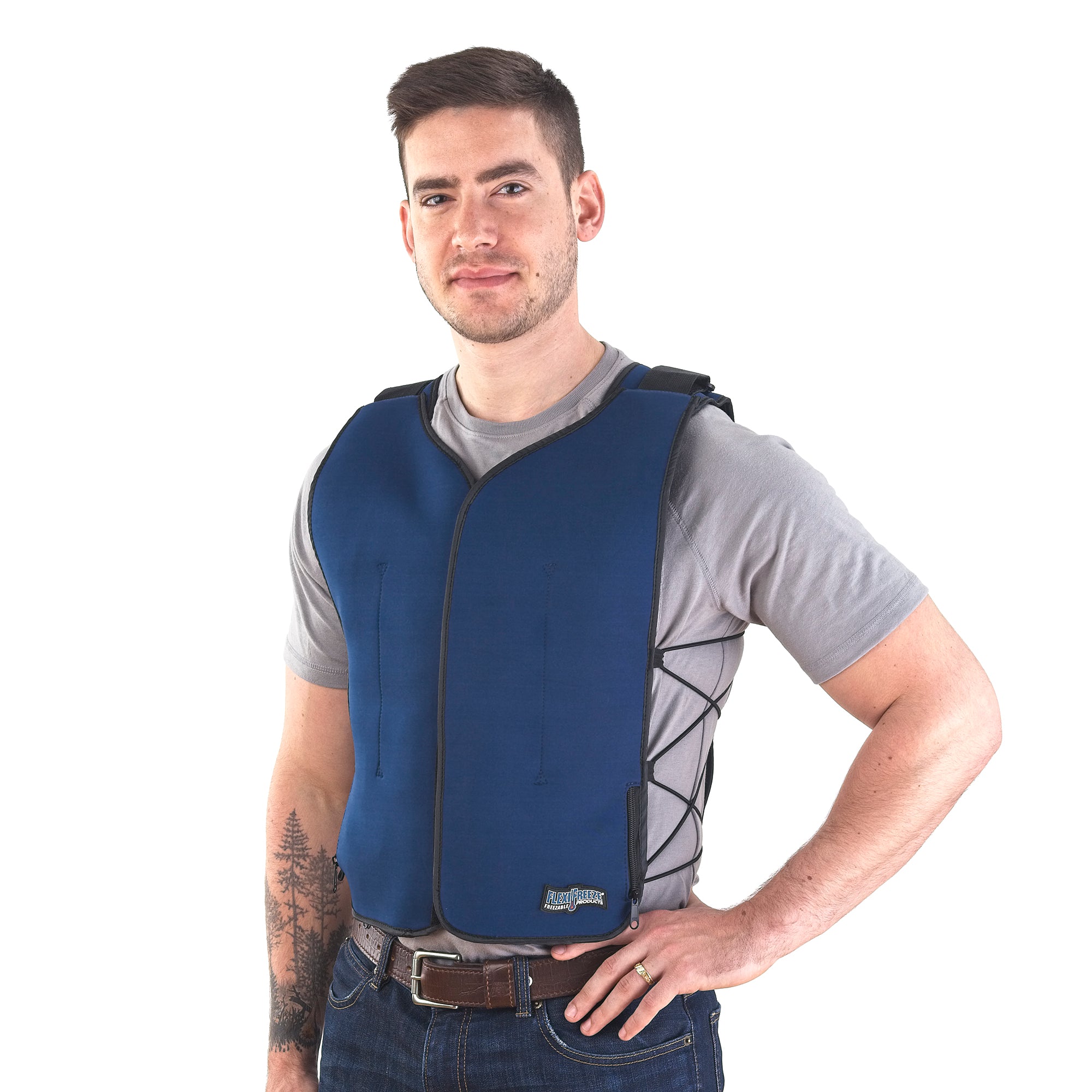 Man wearing FlexiFreeze personal velcro ice vest, blue, open, front view, ice panels visible