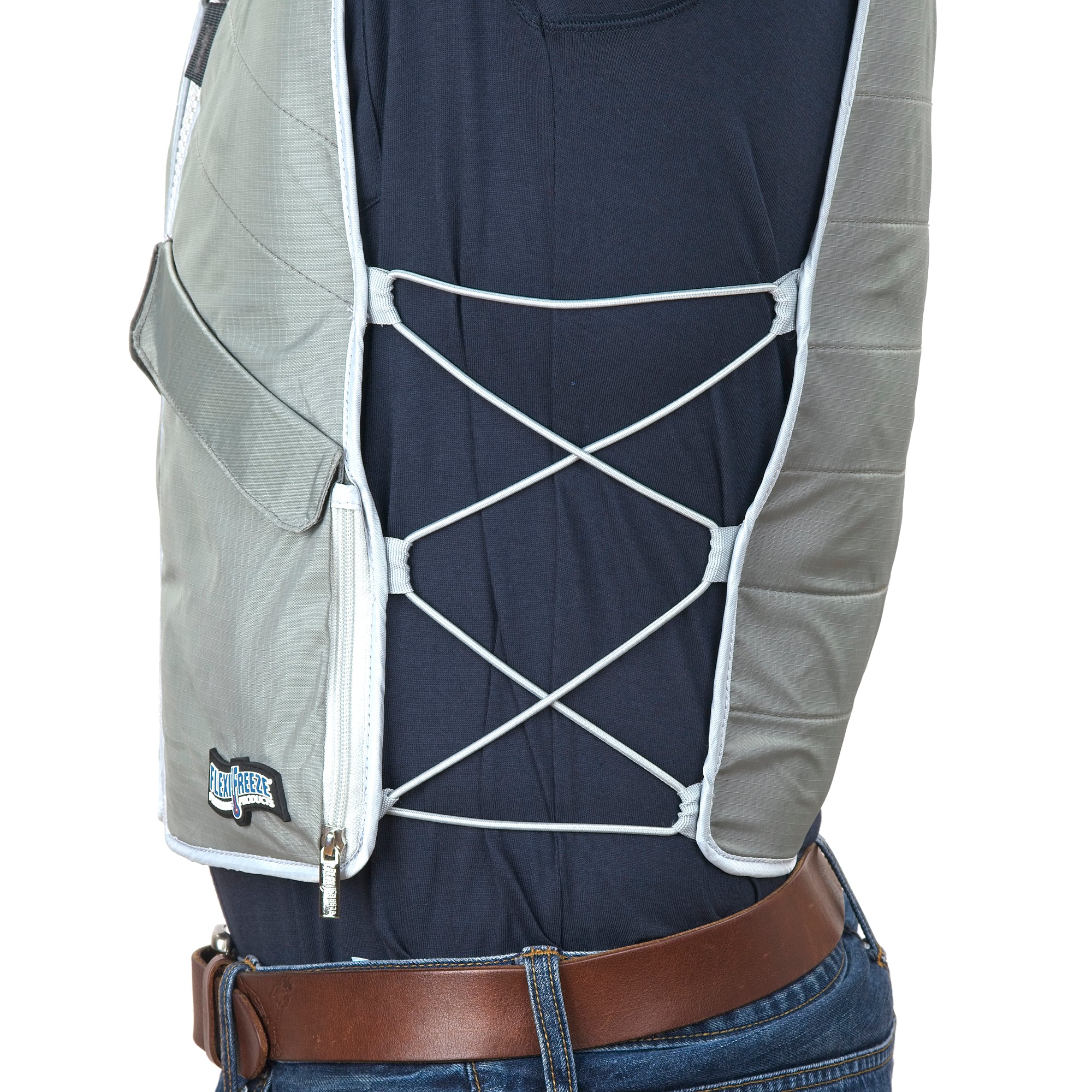 Man wearing FlexiFreeze professional zipper ice vest, charcoal, side view